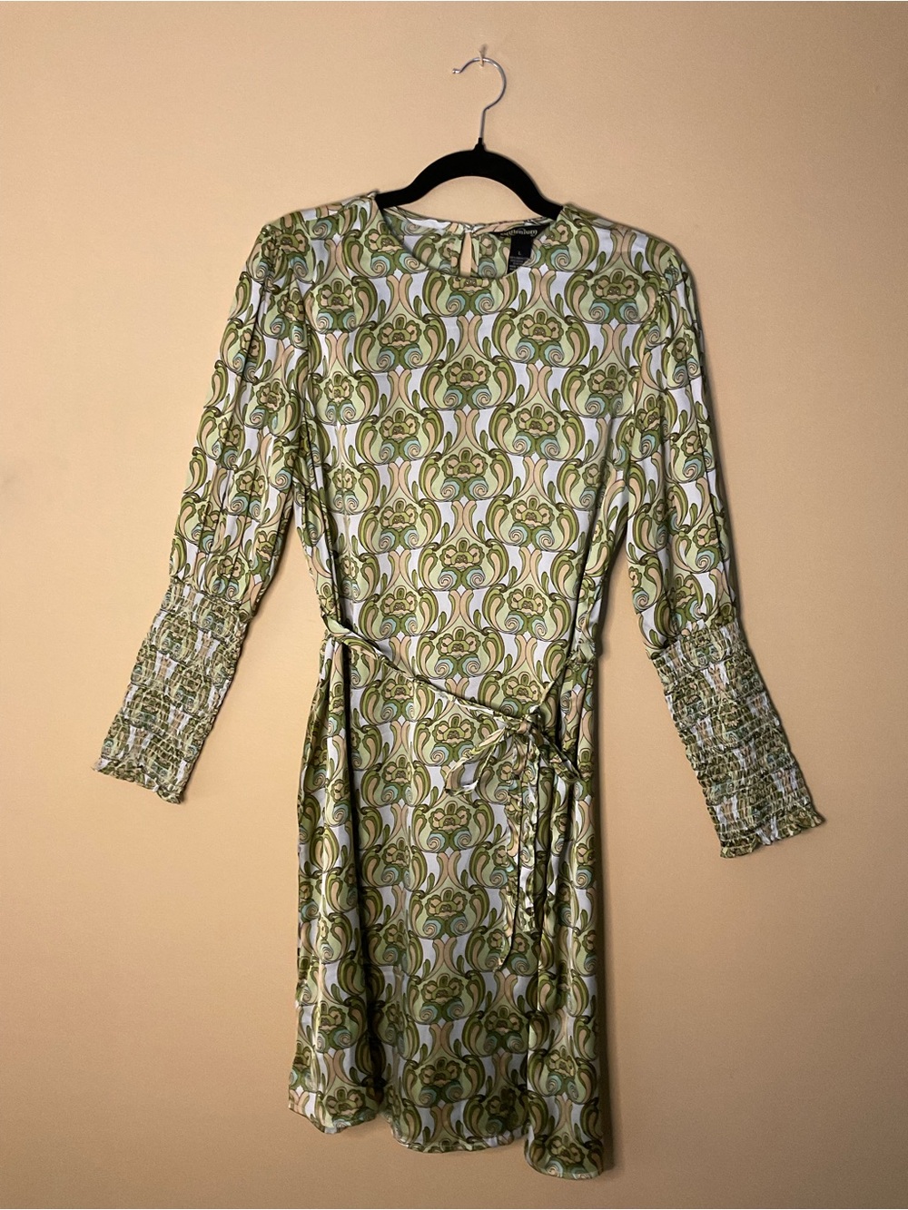 Millenium Olive Green Patterned Long-Sleeve Tie-Waist Dress